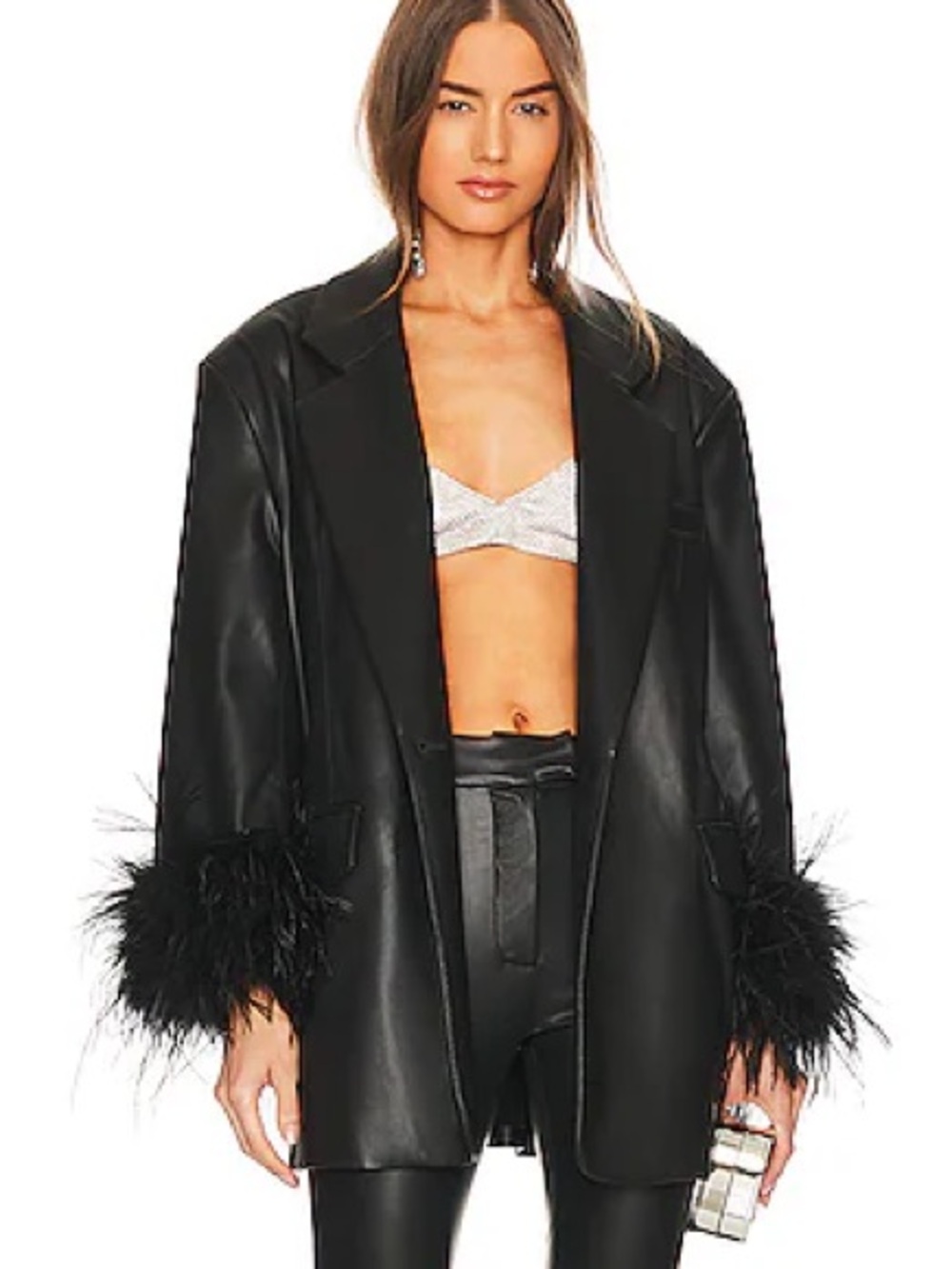 Lamarque Black Faux Leather Blazer with Feather Cuffs